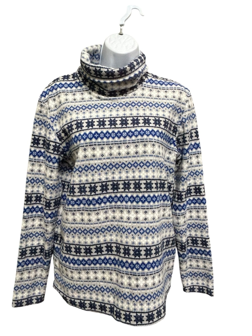 Vintage Closhhi Nordic Fleece Turtleneck Sweater Blue White Fair Isle Size M